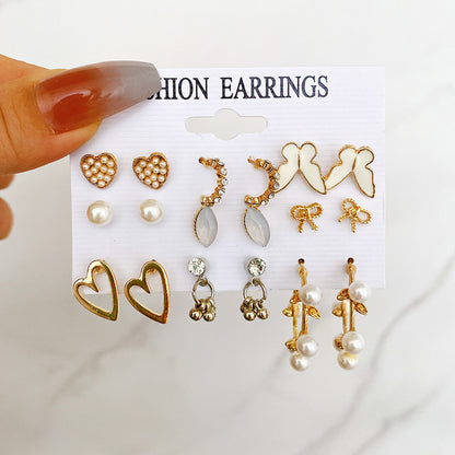 Set Pearl Crystal Stud Earrings