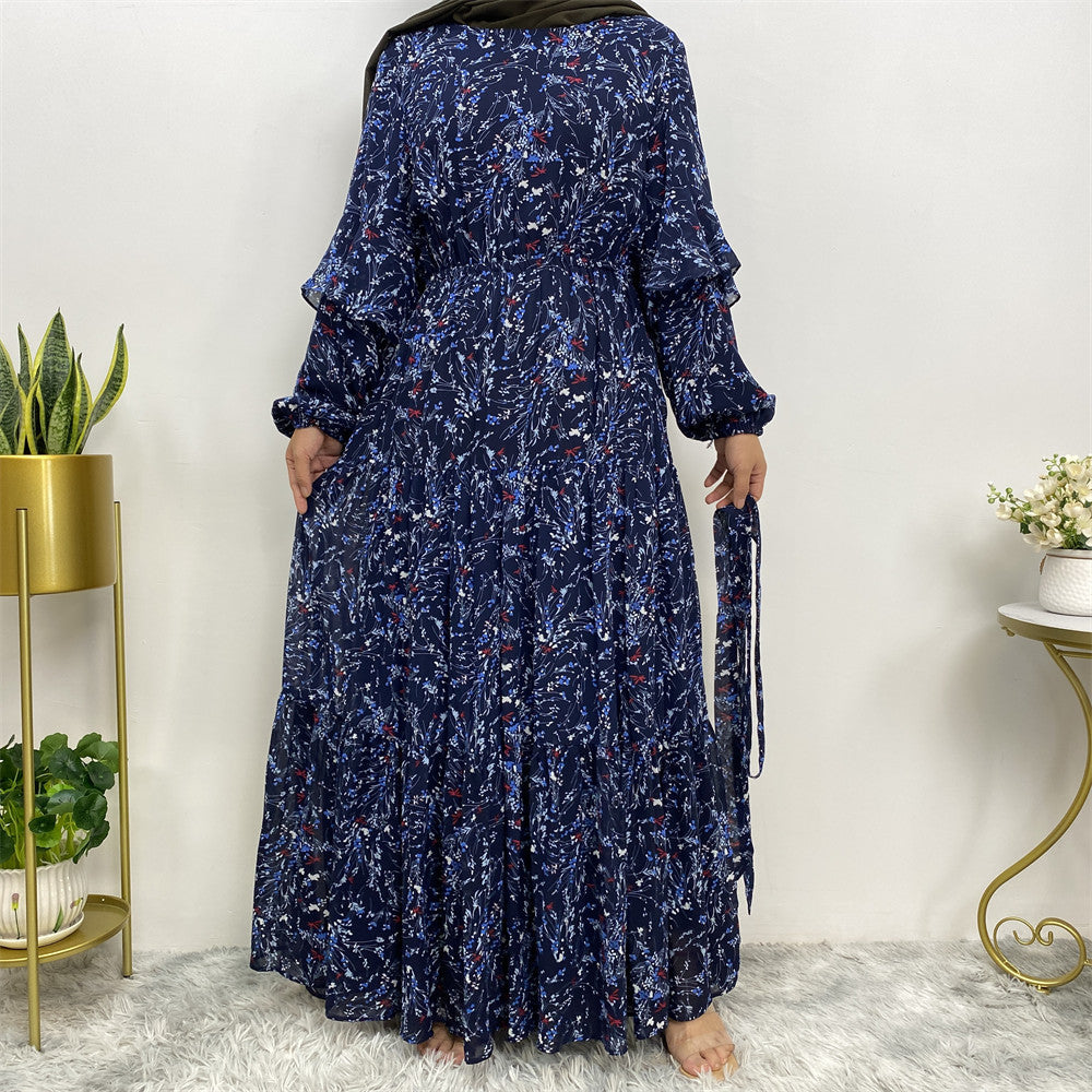 Elegant Chiffon Print Tie-Waist Dress