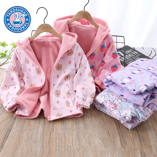 Reversible Girls' Hooded Polar Fleece Jacket  Thickened Winter Warmth (On Hand)