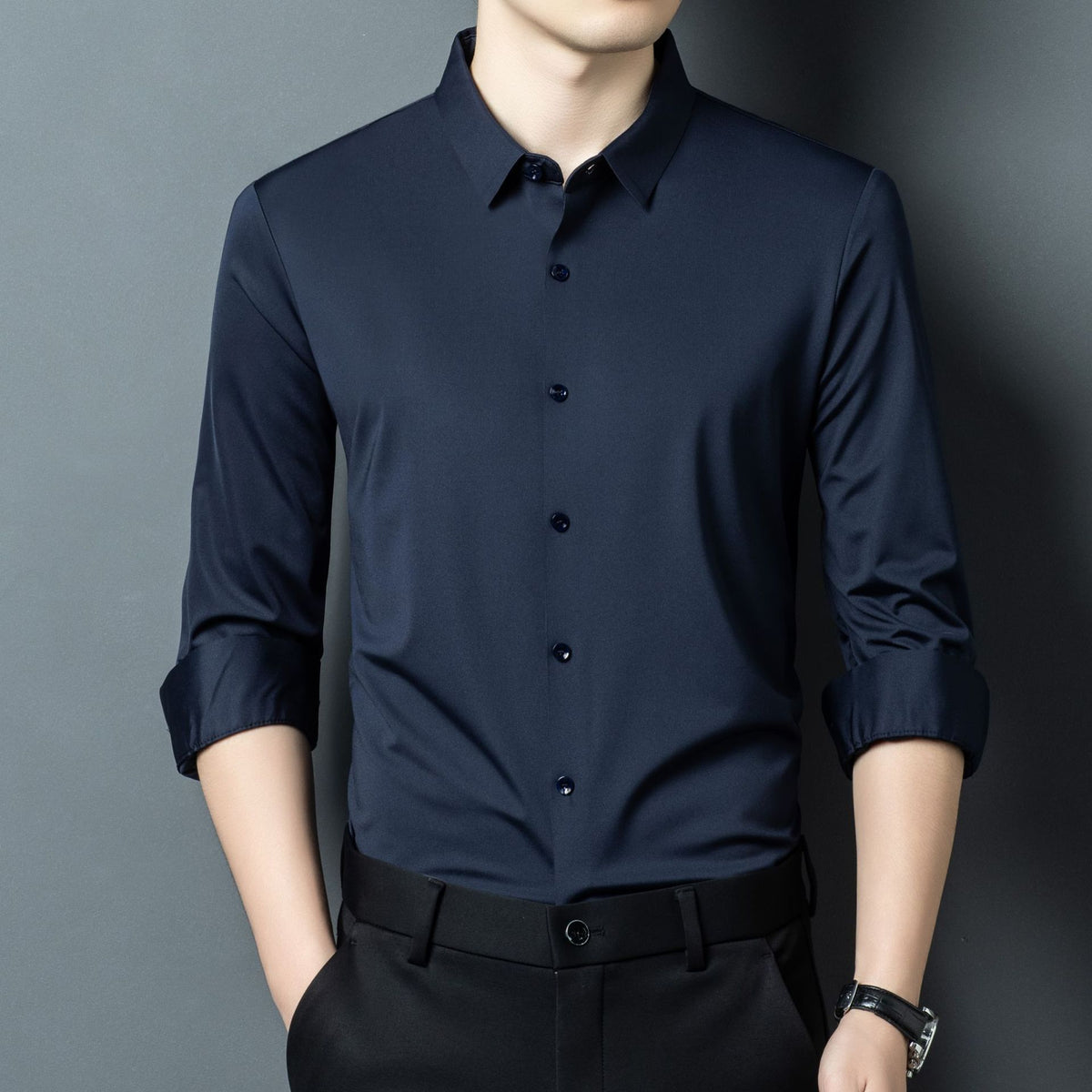 Mens Stretch Ice Silk Long-Sleeve Shirt