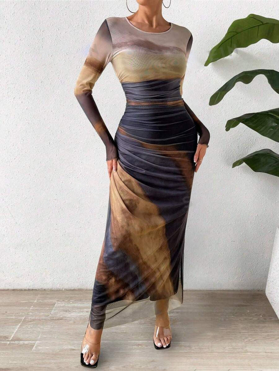 Elegant Contrast Rendered Slim Waist Dress