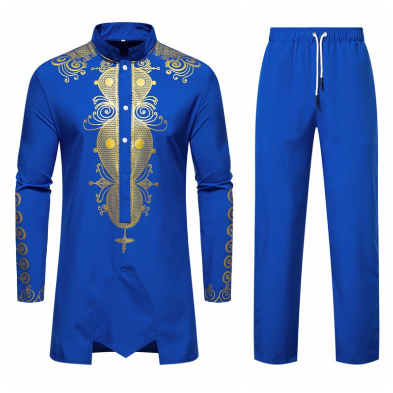 New Men's Ethnic Style  Robe Set  Bronzing Long Sleeve & Pants
