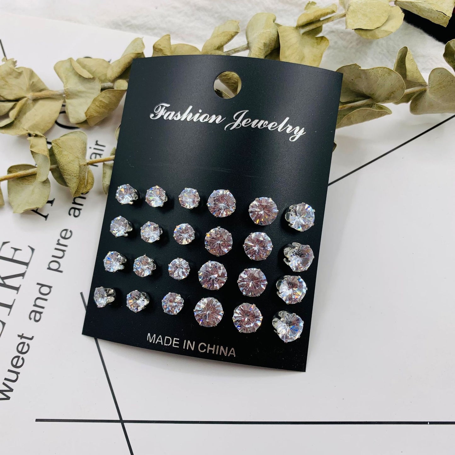 Crystal zircon card set 12 pairs of studs