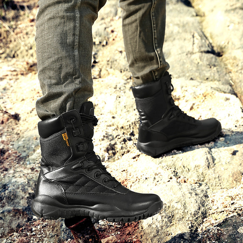 Mens Cross-Border Spring & Summer Leather Outdoor Sports Shoes  Thick-Soled Hiking & Military Style Training Boots