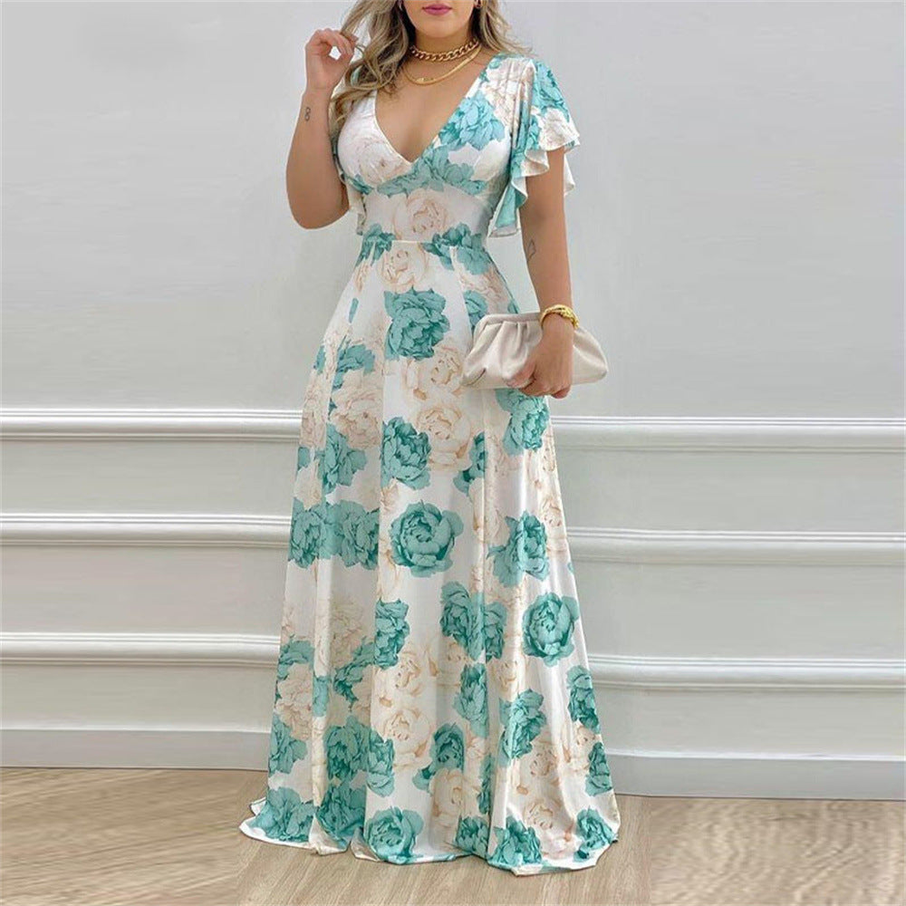 women's temperament sexy V-neck waist print big swing dress