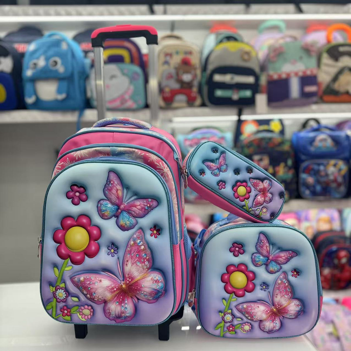 Cartoon 16Inch three-piece set with a rolling rod backpack 3D hard shell backpack with wheels