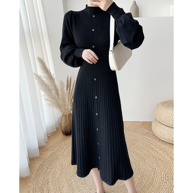 Semi-High Neck Knit Balloon Sleeve Dress
