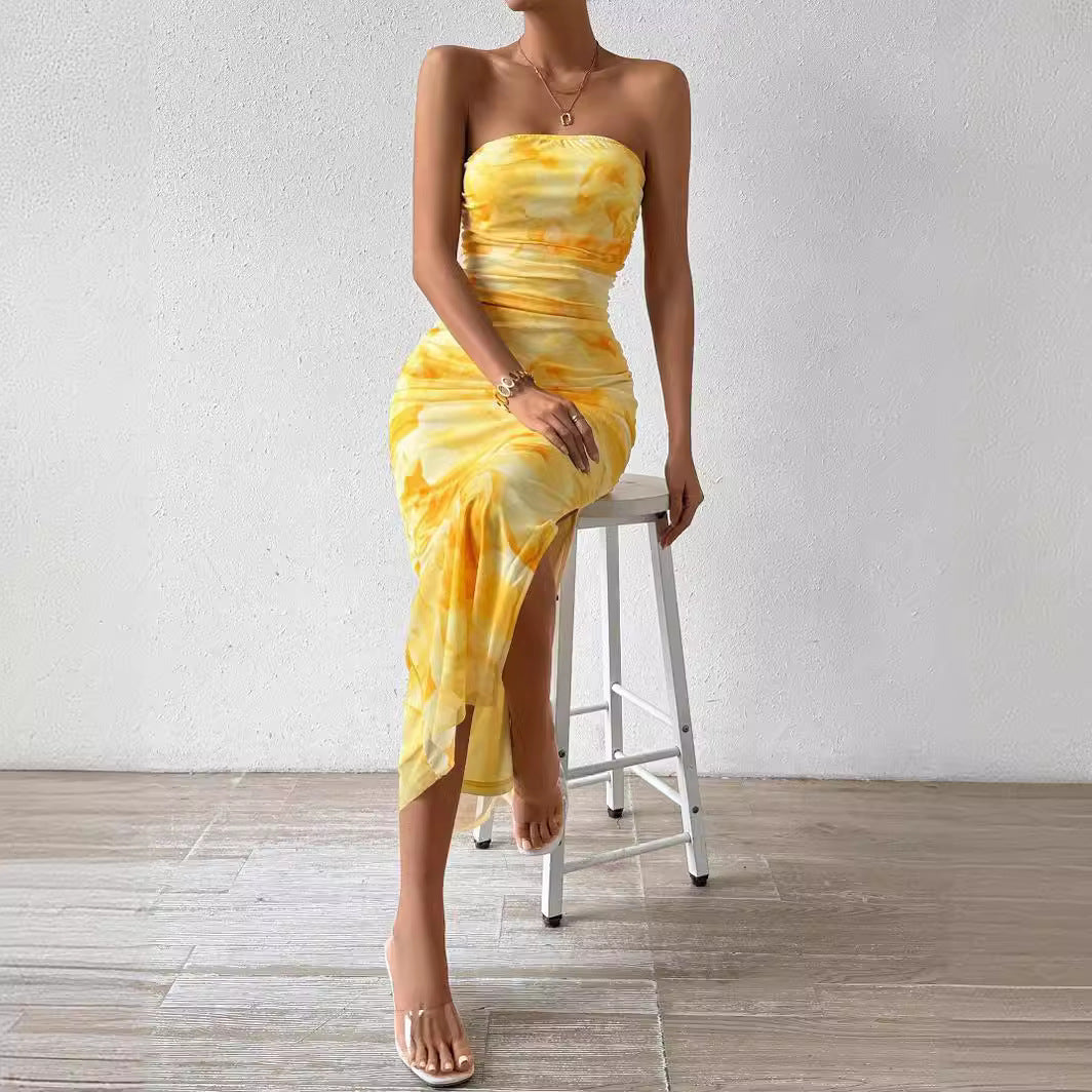Mesh Floral Ruffle Bandeau Slit Long Skirt