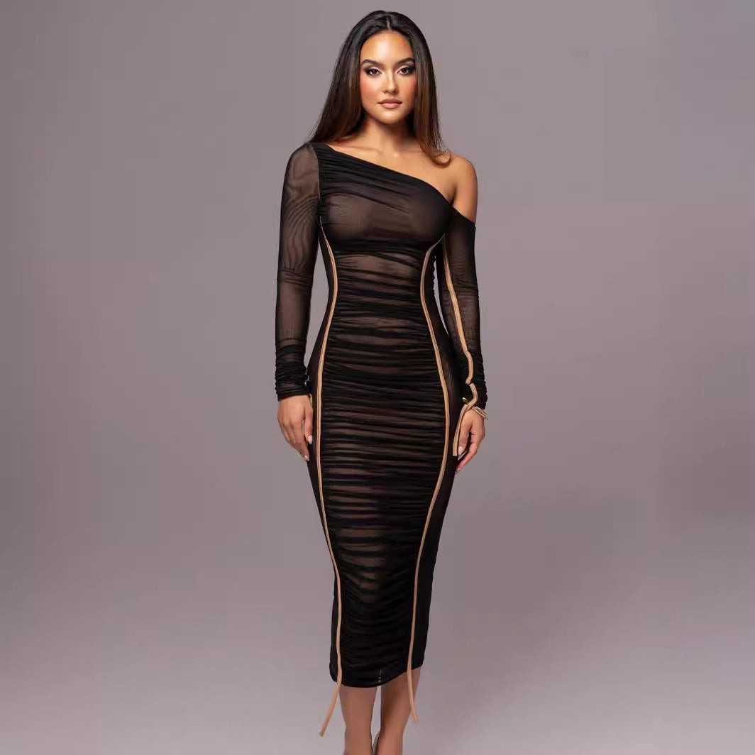 Women's long sleeve mesh stitching slanted shoulder dress