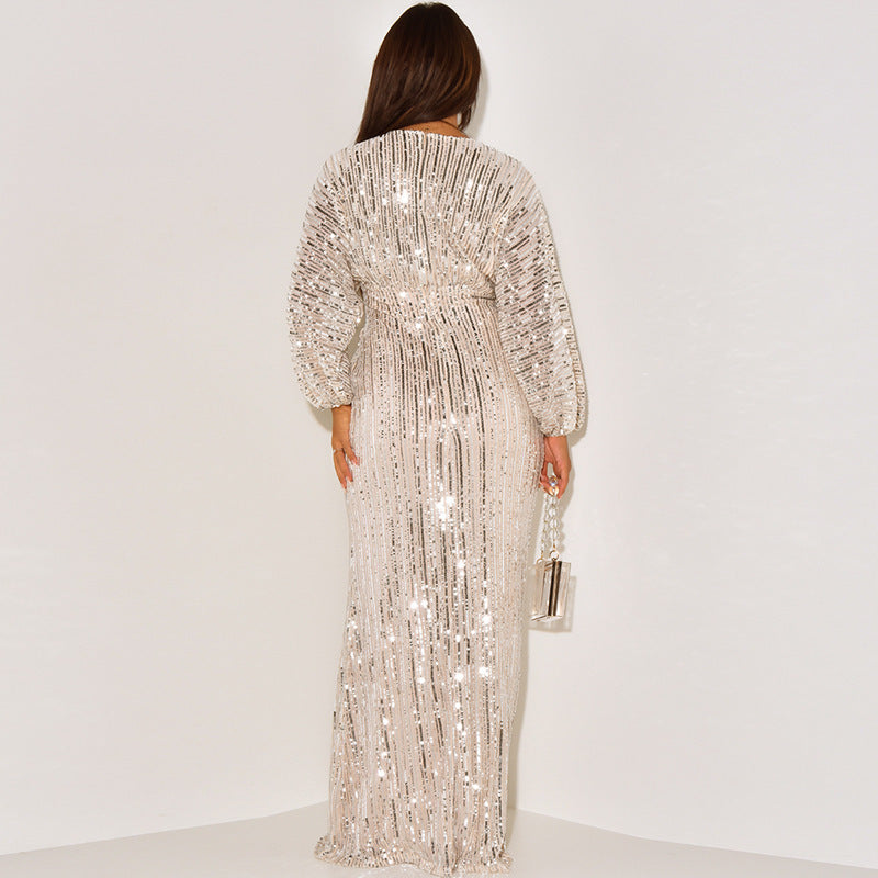 Sequin V-Neck Long Sleeve Dress