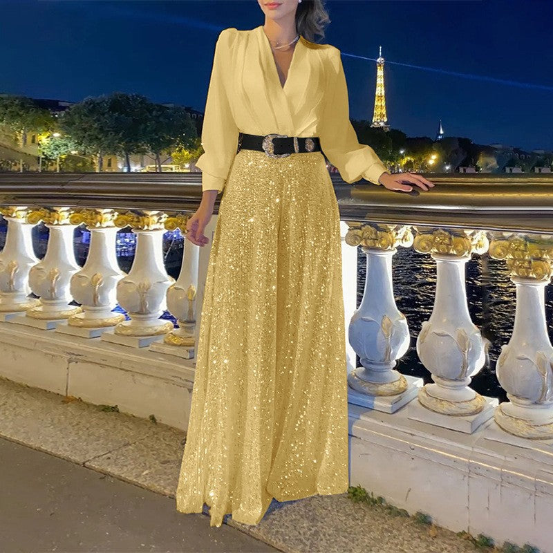 V-neck long-sleeved shirts, waist thin, sequined wide-leg pants