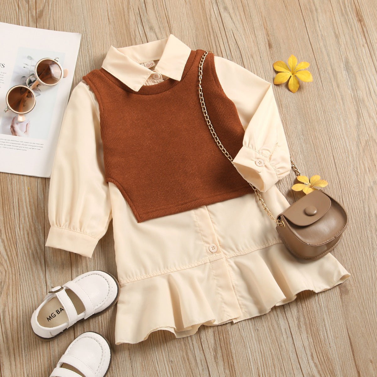 Girls' Autumn Ruffle Dress & Knitted Vest Set