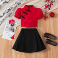 Girls' Chinese-Style Two-Piece Set  Red Lantern Sleeve Top + Black Pleated Skirt