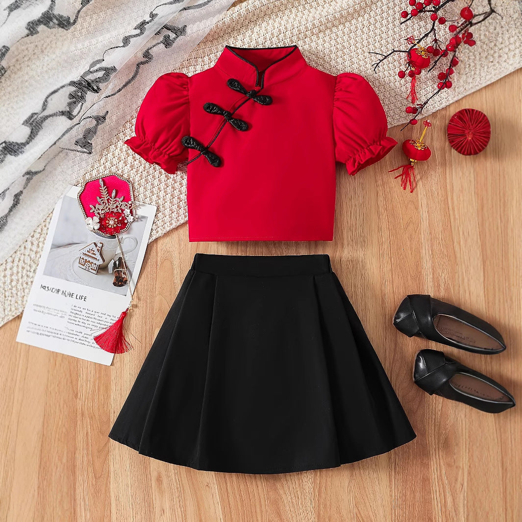 Girls' Chinese-Style Two-Piece Set  Red Lantern Sleeve Top + Black Pleated Skirt