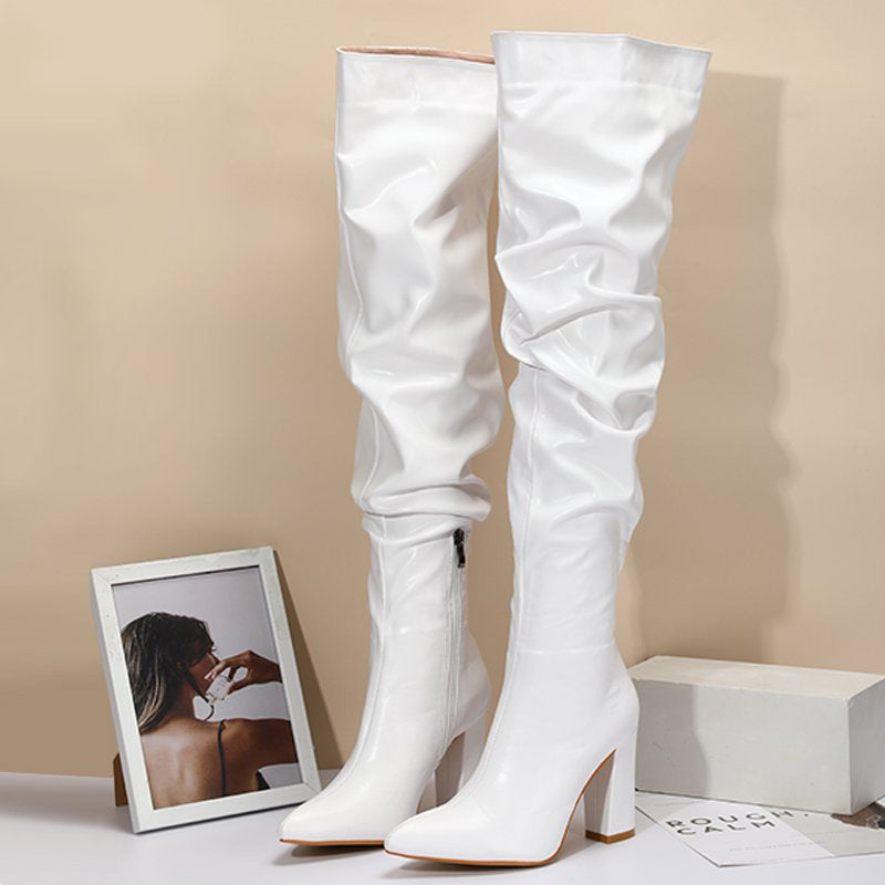 Autumn/Winter Pleated Block Heel Over-the-Knee Boots  Plus Size