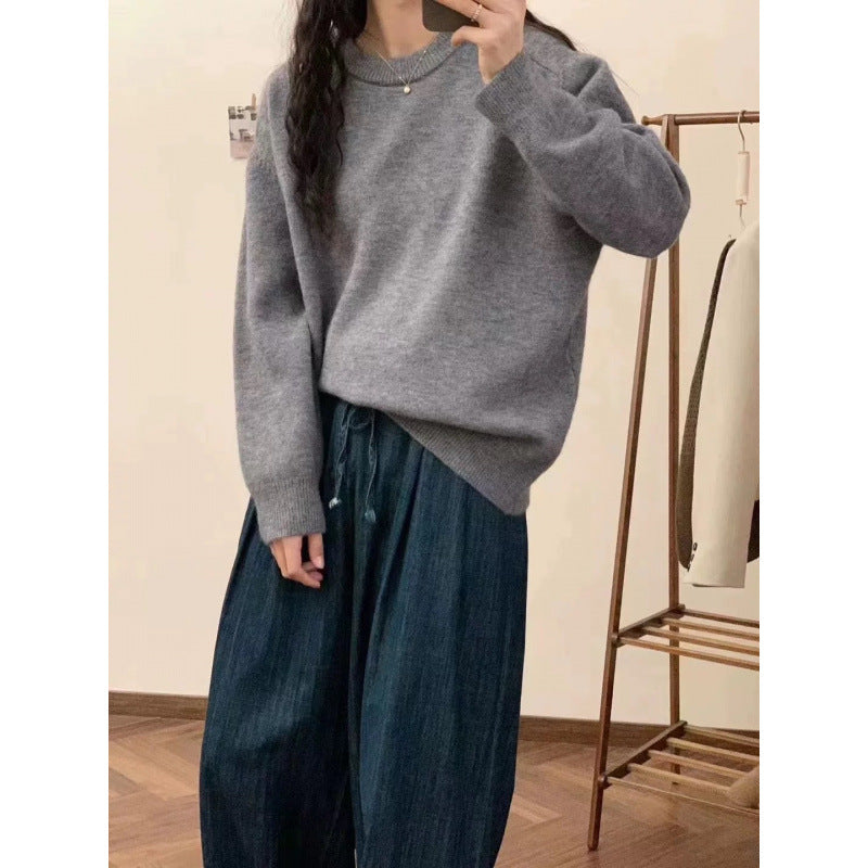 Solid Color Crew Neck Loose Knit Sweater  Casual Autumn Winter Pullover