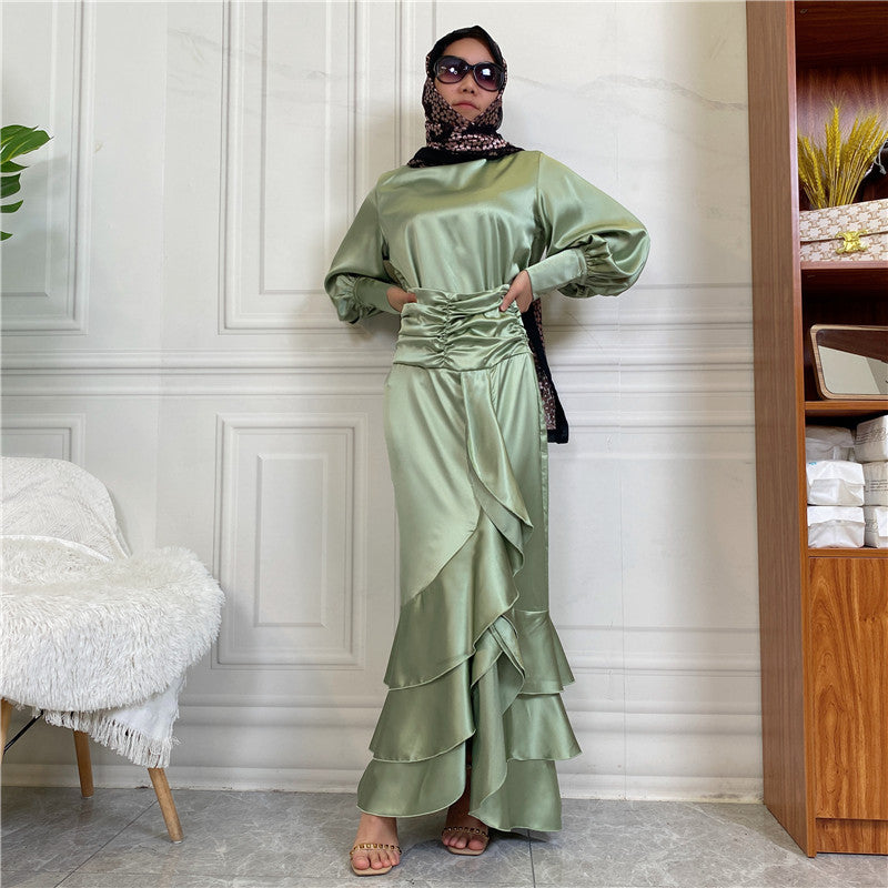 Elegant Satin Button-Down Shirt & Layered Skirt Set