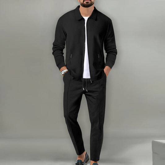 Men's Fall Waffle Knit Slim Cardigan Jacket Set