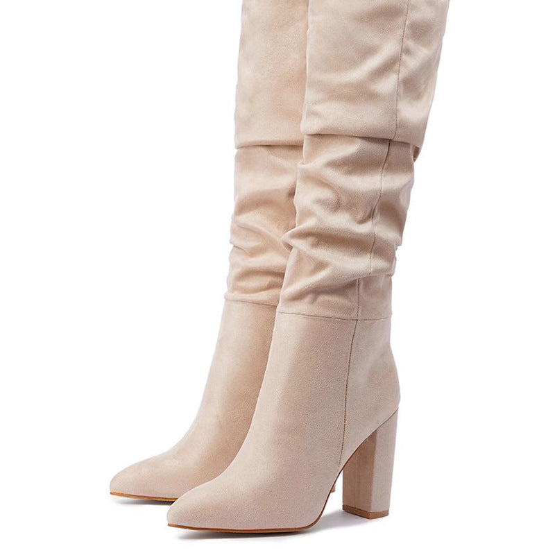 High Pointed Toe Block Heel Boots