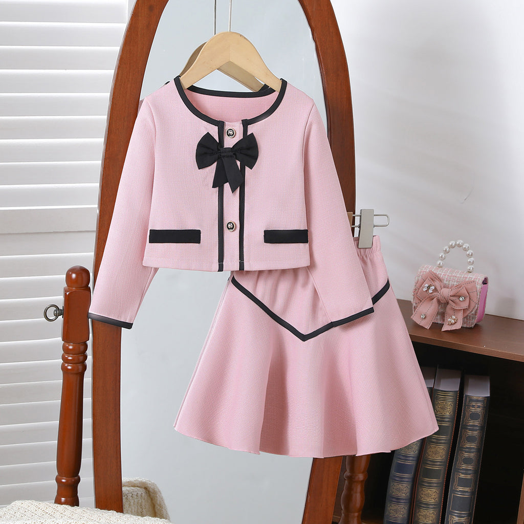 Girls' Bow Two-Piece Set  Round Neck Coat + Short Skirt