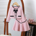 Girls' Bow Two-Piece Set  Round Neck Coat + Short Skirt
