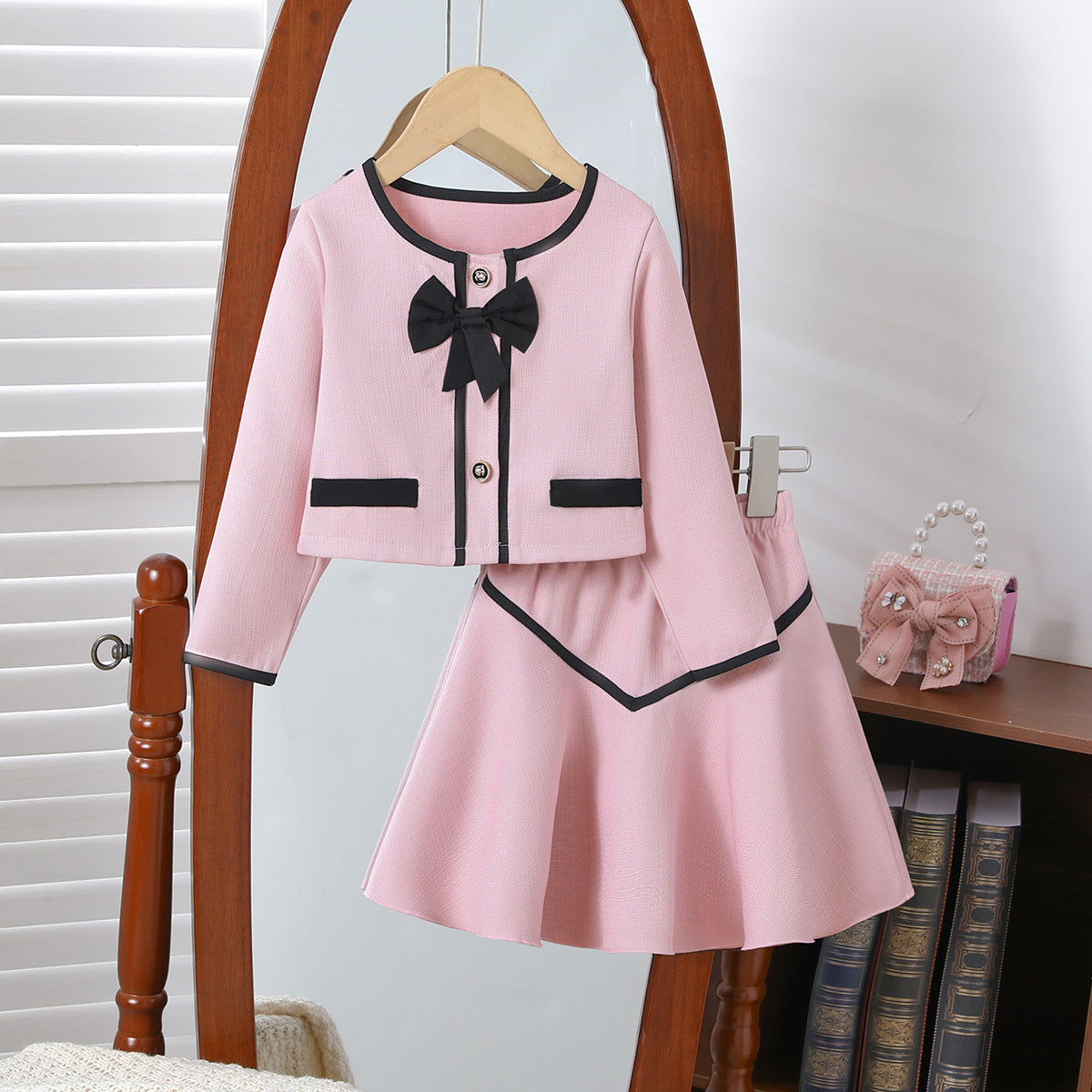 Girls' Bow Two-Piece Set  Round Neck Coat + Short Skirt