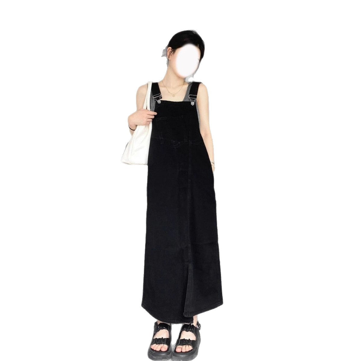 Women's Irregular Slit Denim Suspender Skirt  Summer Loose Long Slip Dress
