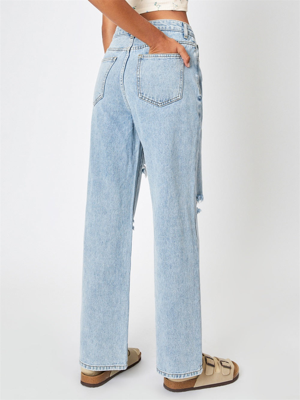 Black classic ripped straight denim pants