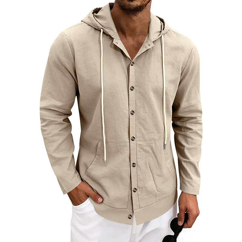 Mens Linen Hooded Beach Shirt  Casual Loose Fit Cardigan for Spring & Fall