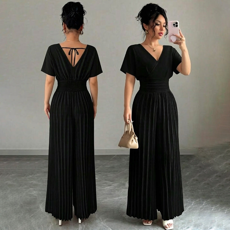 Women’s Elegant V-Neck Pleated Jumpsuit – Solid Color Waist-Cinching Short Sleeve Romper