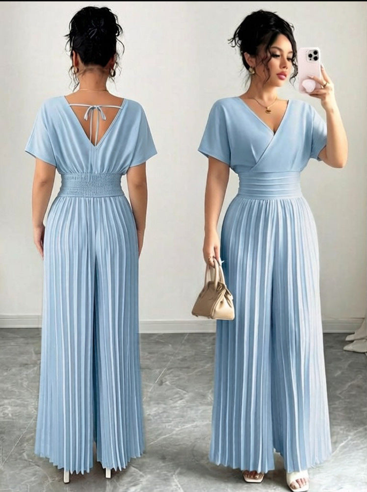 Women’s Elegant V-Neck Pleated Jumpsuit – Solid Color Waist-Cinching Short Sleeve Romper