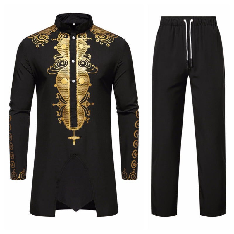 New Men's Ethnic Style  Robe Set  Bronzing Long Sleeve & Pants