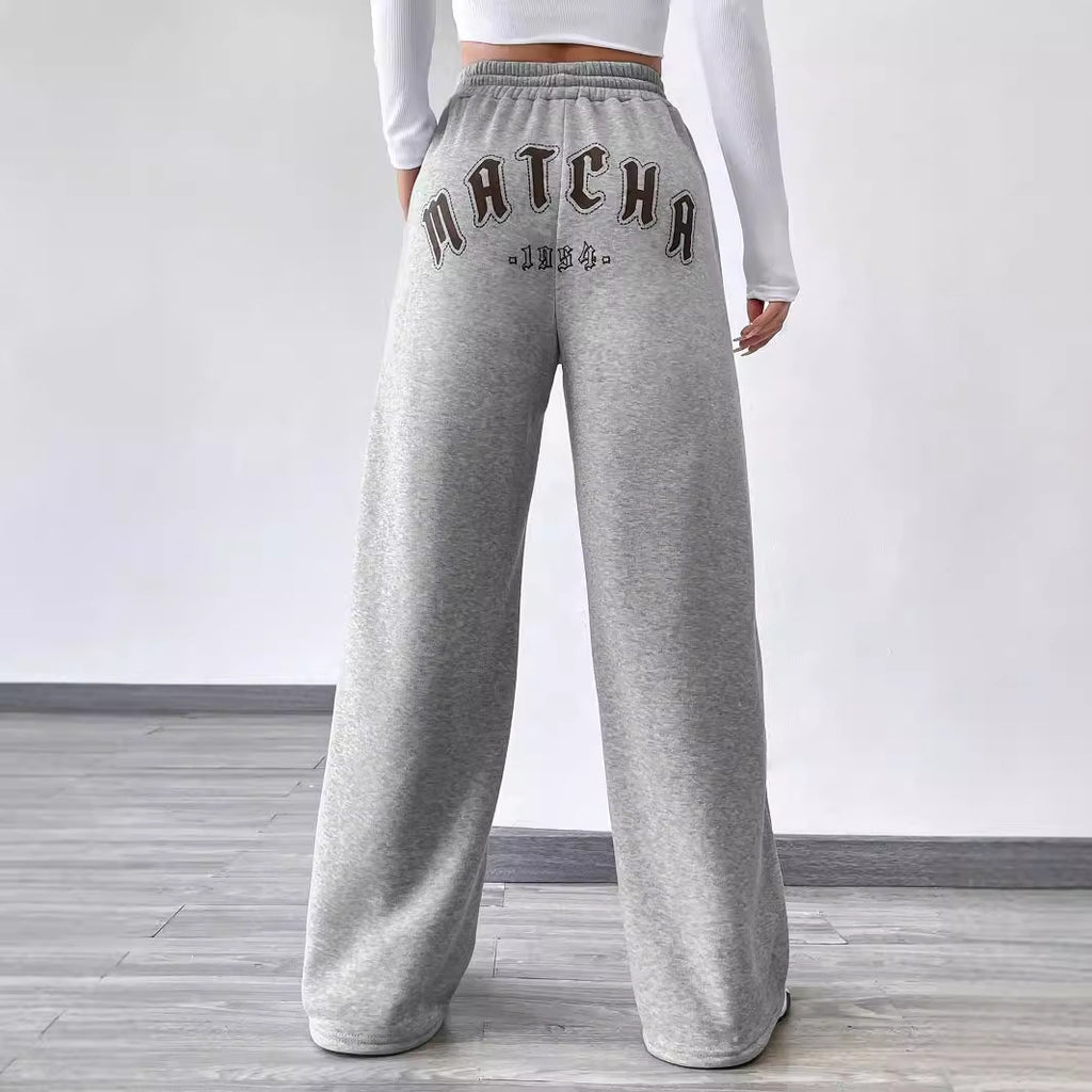 Drawstring Sweatshirt Trousers - Printed Women's Casual Wide-Leg Pants