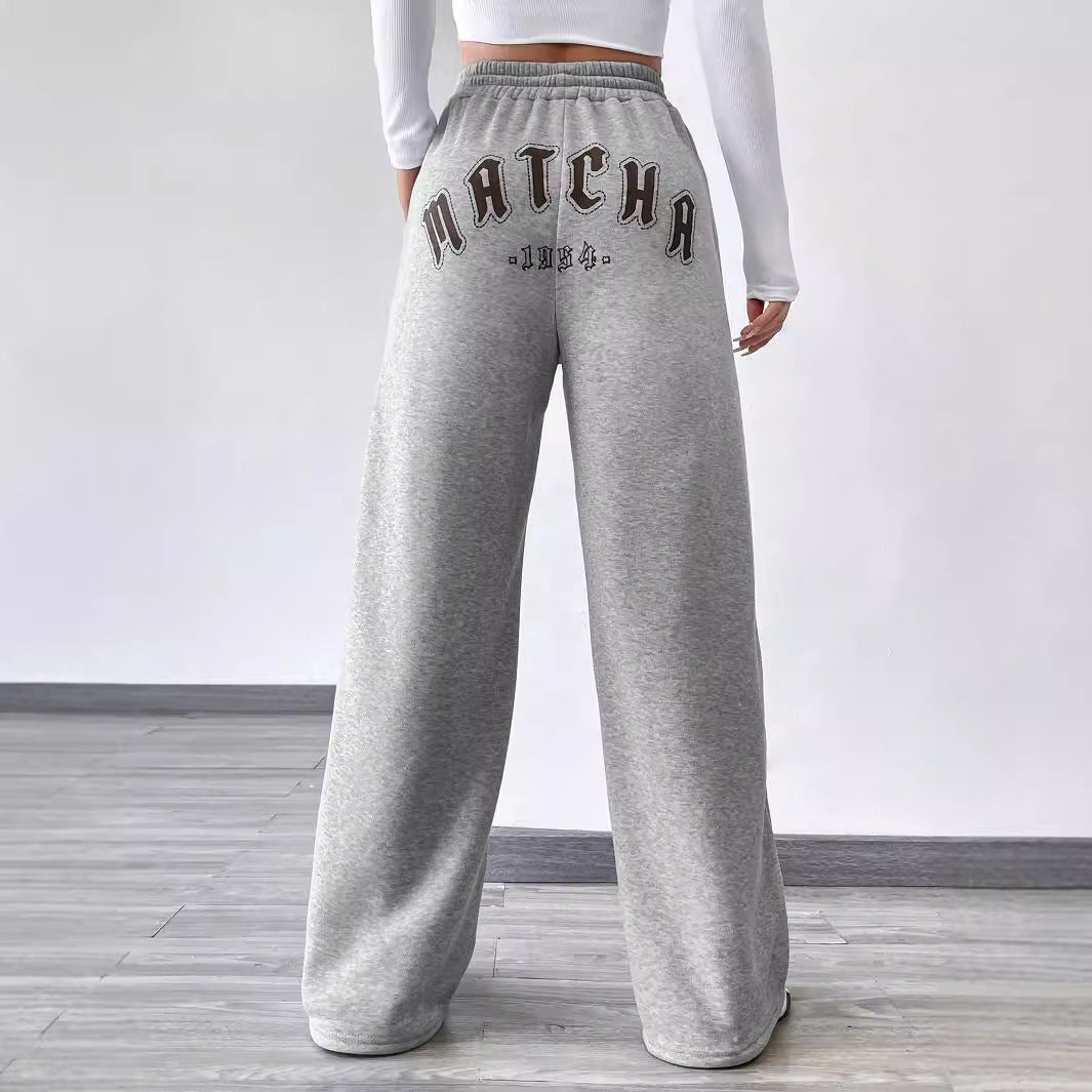 Drawstring Sweatshirt Trousers - Printed Women's Casual Wide-Leg Pants