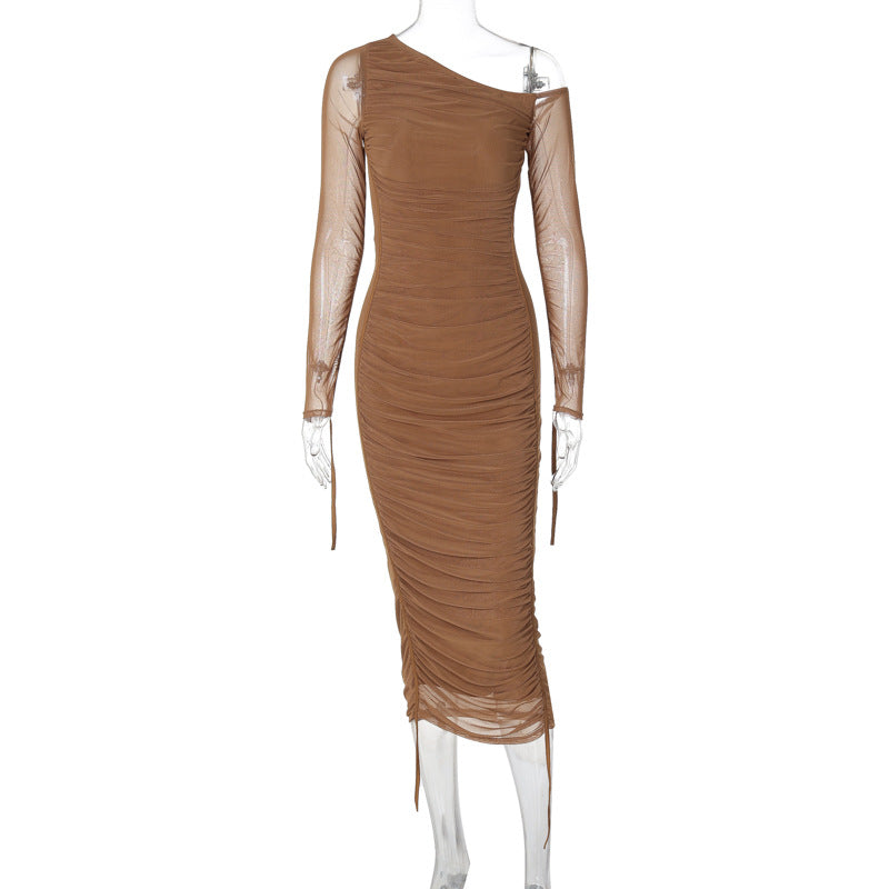 Women's long sleeve mesh stitching slanted shoulder dress