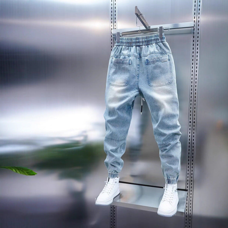 Mens Washed Retro Cargo Jeans  Loose Fit Multi-Pocket Cropped Harem Pants