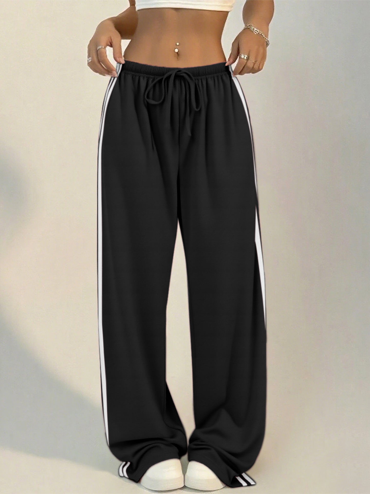 Women's Wide-Leg Striped Slacks with Drawstring Waist