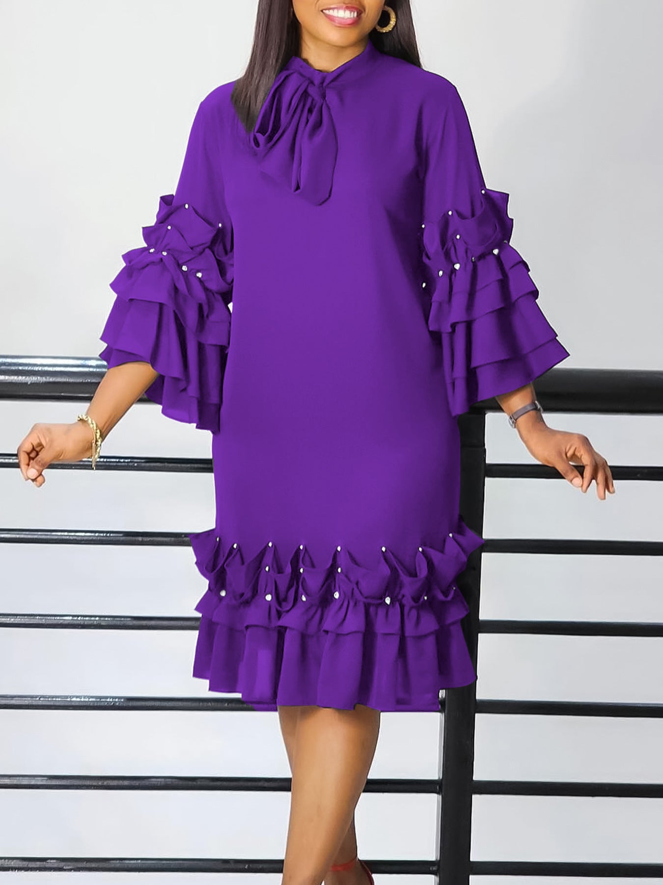 Elegant Multi-Layer Ruffle Sleeve Dress