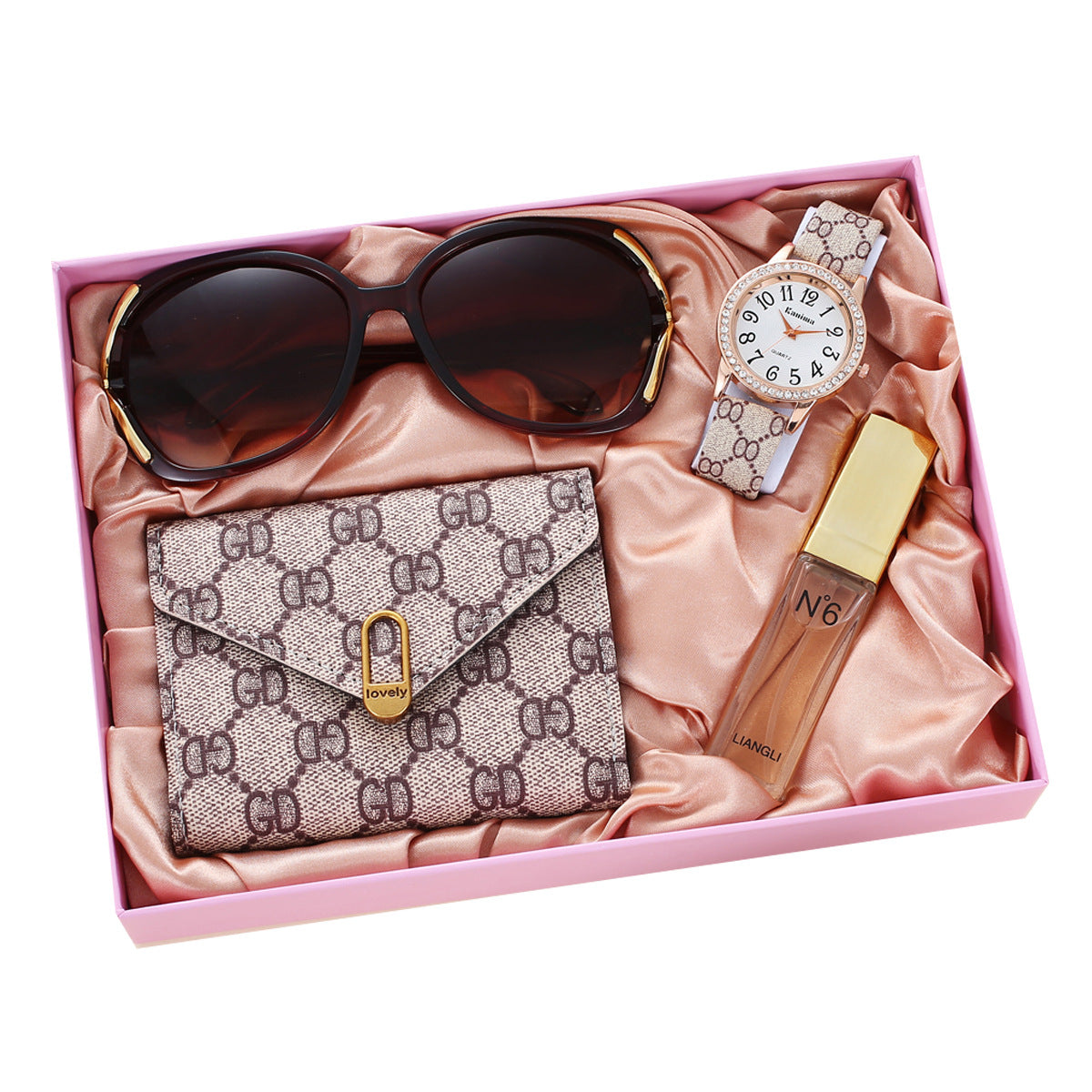 Elegant Women's Gift Set: Timeless Quartz Watch, Stylish Sunglasses, Chic Wallet, and Fragrant Perfume