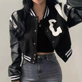 Autumn Biker-Style Baseball Jacket with Leather Sleeves