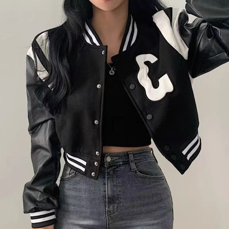 Autumn Biker-Style Baseball Jacket with Leather Sleeves