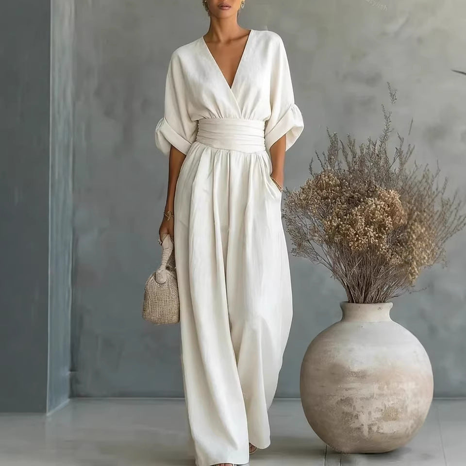 Womens Elegant V-Neck Waist-Slimming Jumpsuit