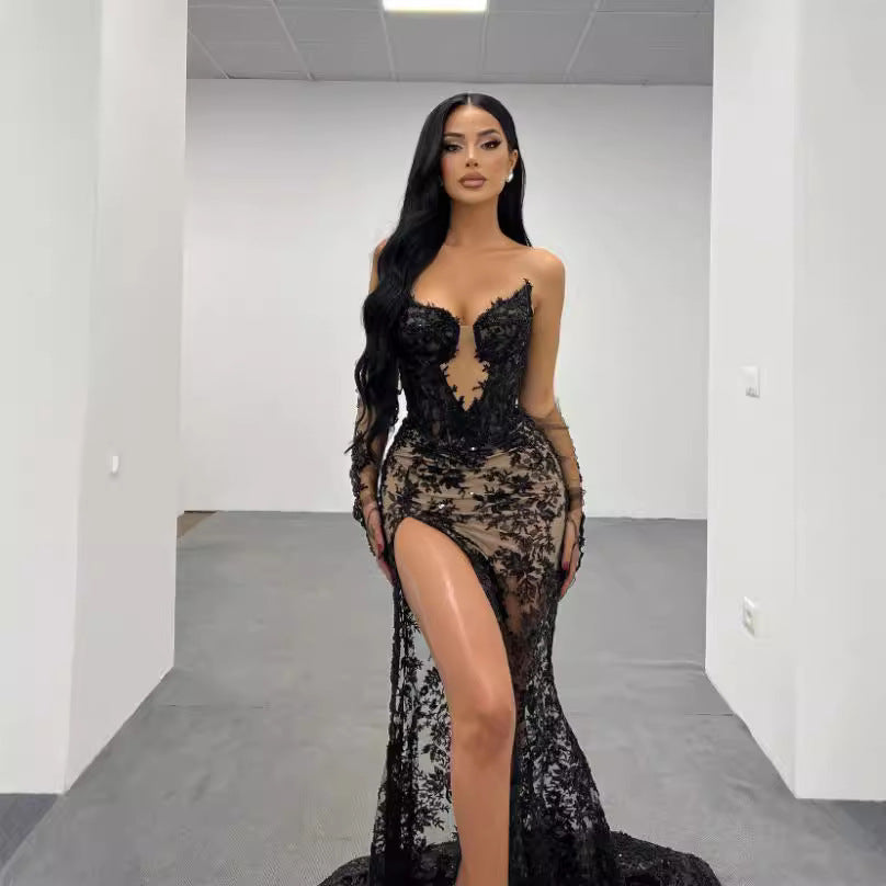 Slim lace mesh tight slit hip wrap evening dress – Addis Outfits