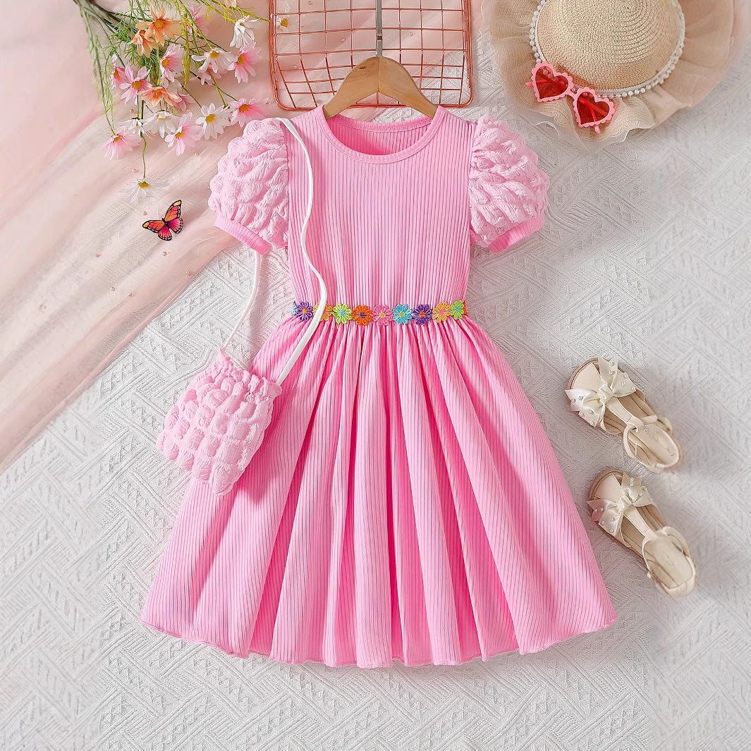 Pink Princess Twirl Dress  Puff Sleeves & Floral Waist