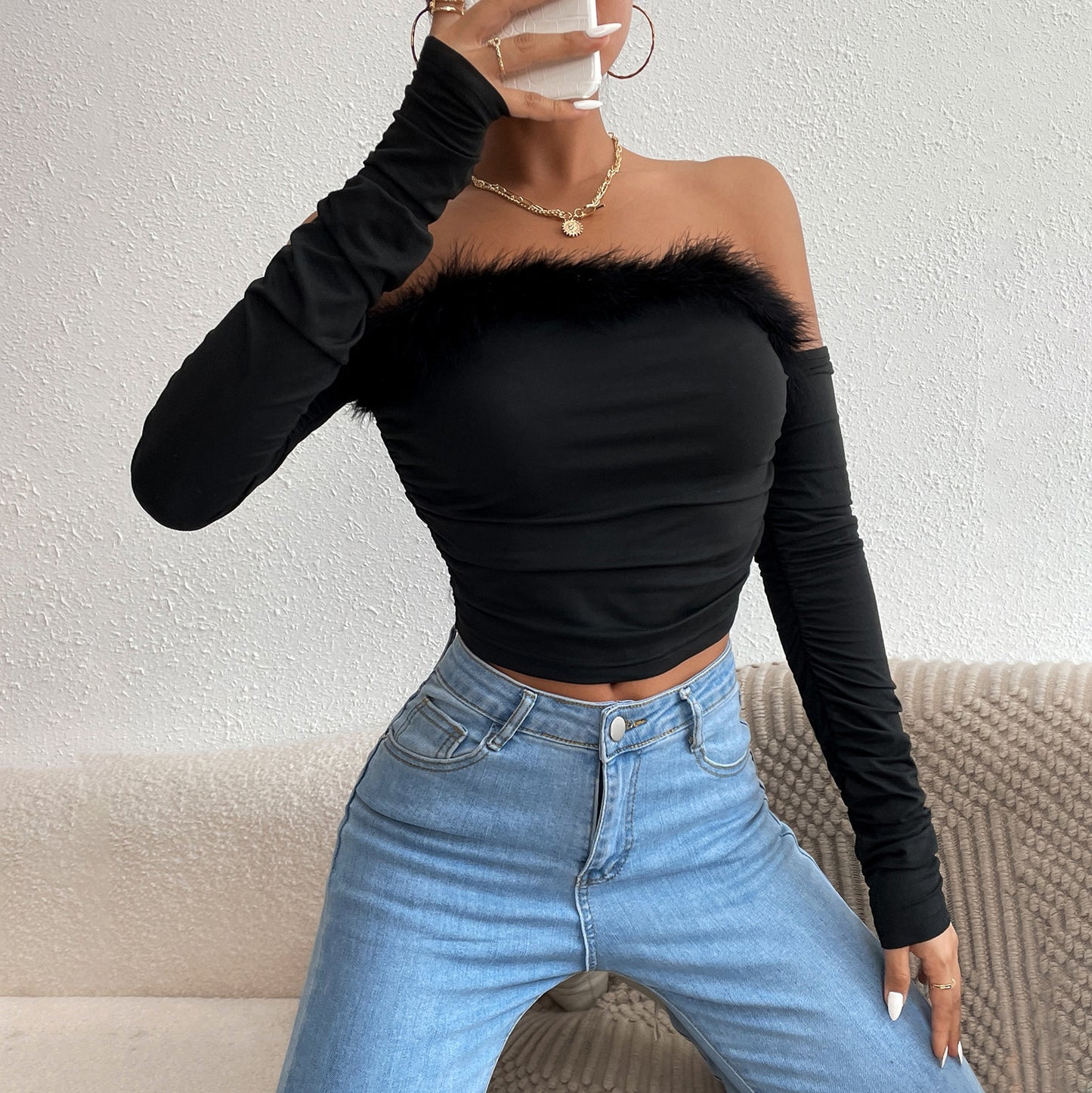 Summer long-sleeved top, straight neck, backless and off-the-shoulder top