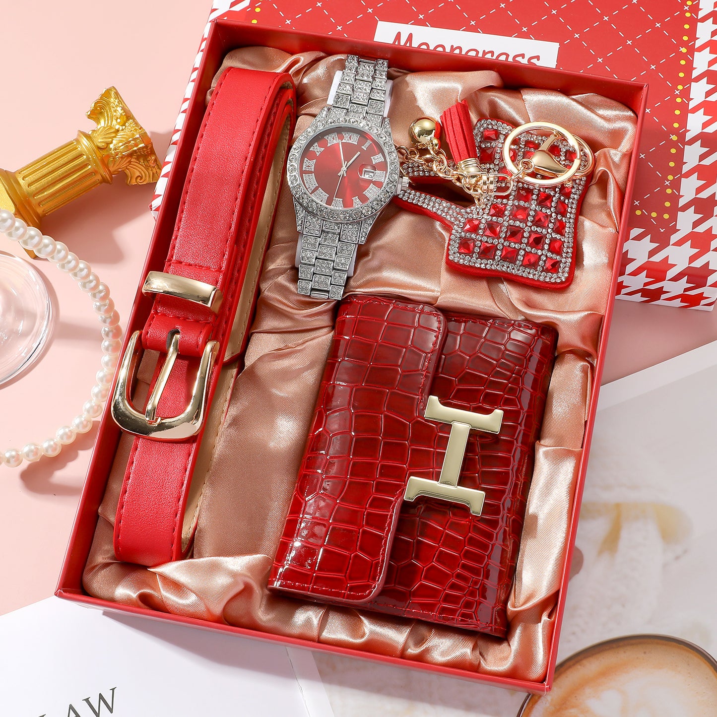 Elegant Red Women's Watch Gift Set