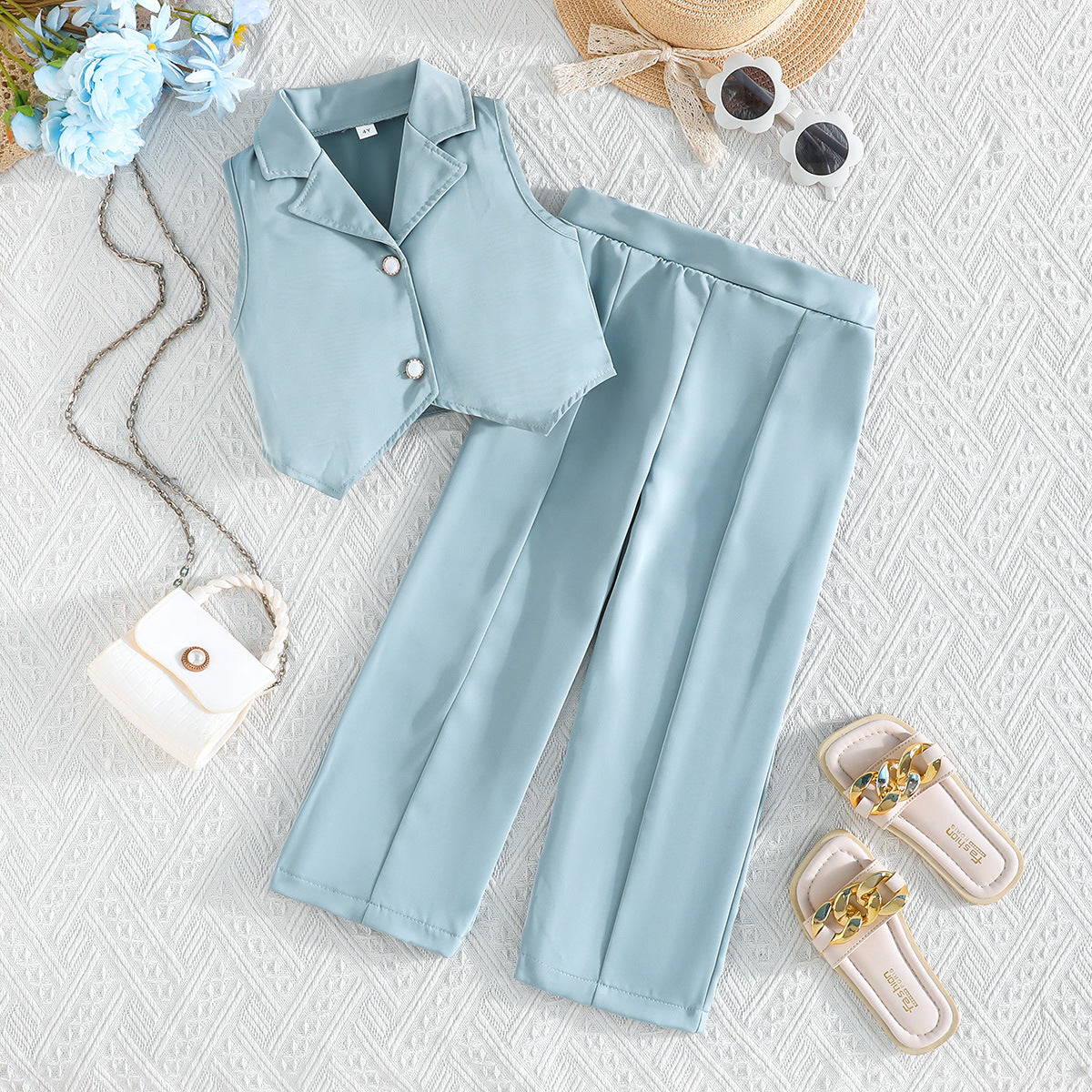 Trendy Summer Girls Two-Piece Set  Sleeveless Top & Wide-Leg Trousers