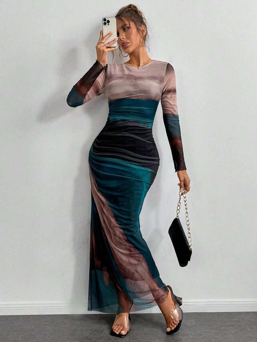 Elegant Contrast Rendered Slim Waist Dress