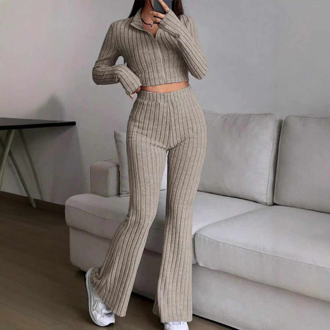 Zipper Cropped Top & High-Waisted Flared Pants Set