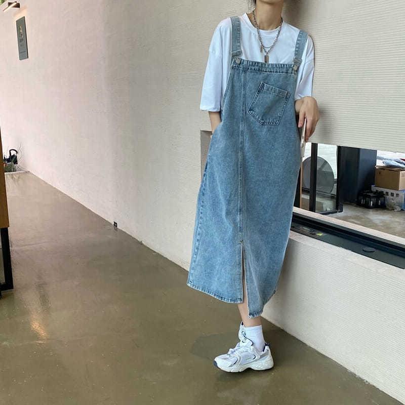 Women's Irregular Slit Denim Suspender Skirt  Summer Loose Long Slip Dress